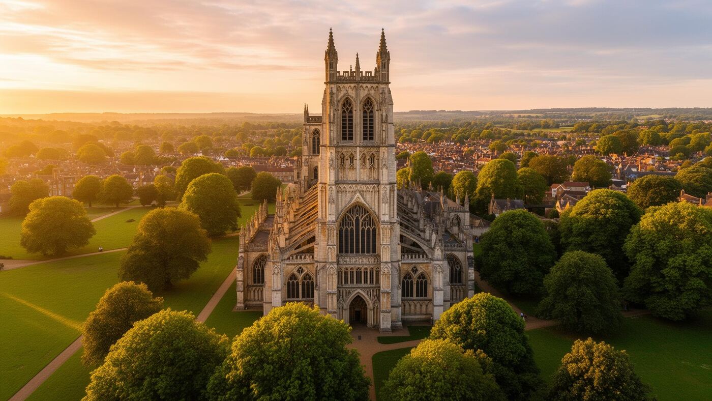 St Albans Cathedral at golden hour, viewed from above with surrounding parkland and the town beyond