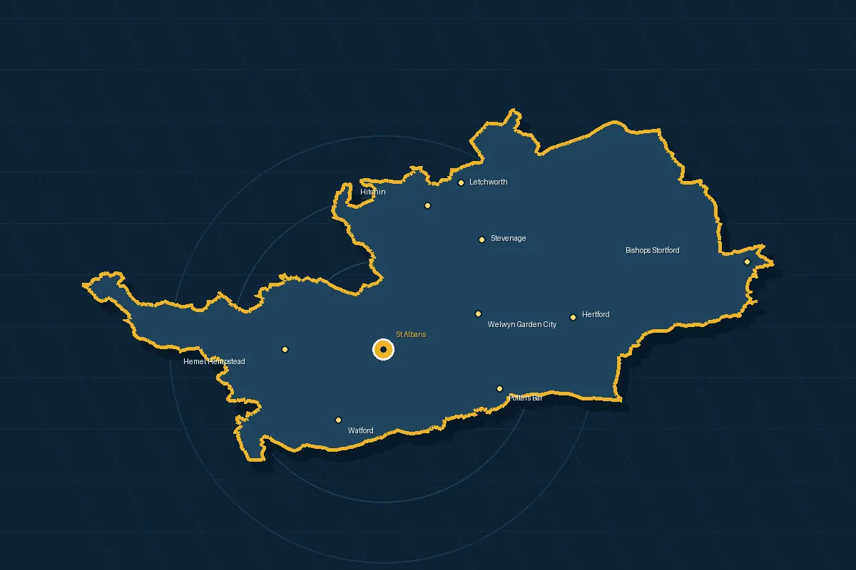 Map of Hertfordshire showing St Albans as the service base and key towns across the county