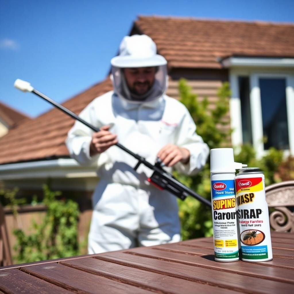 Professional pest control technician in full protective suit beside a consumer wasp spray can for scale