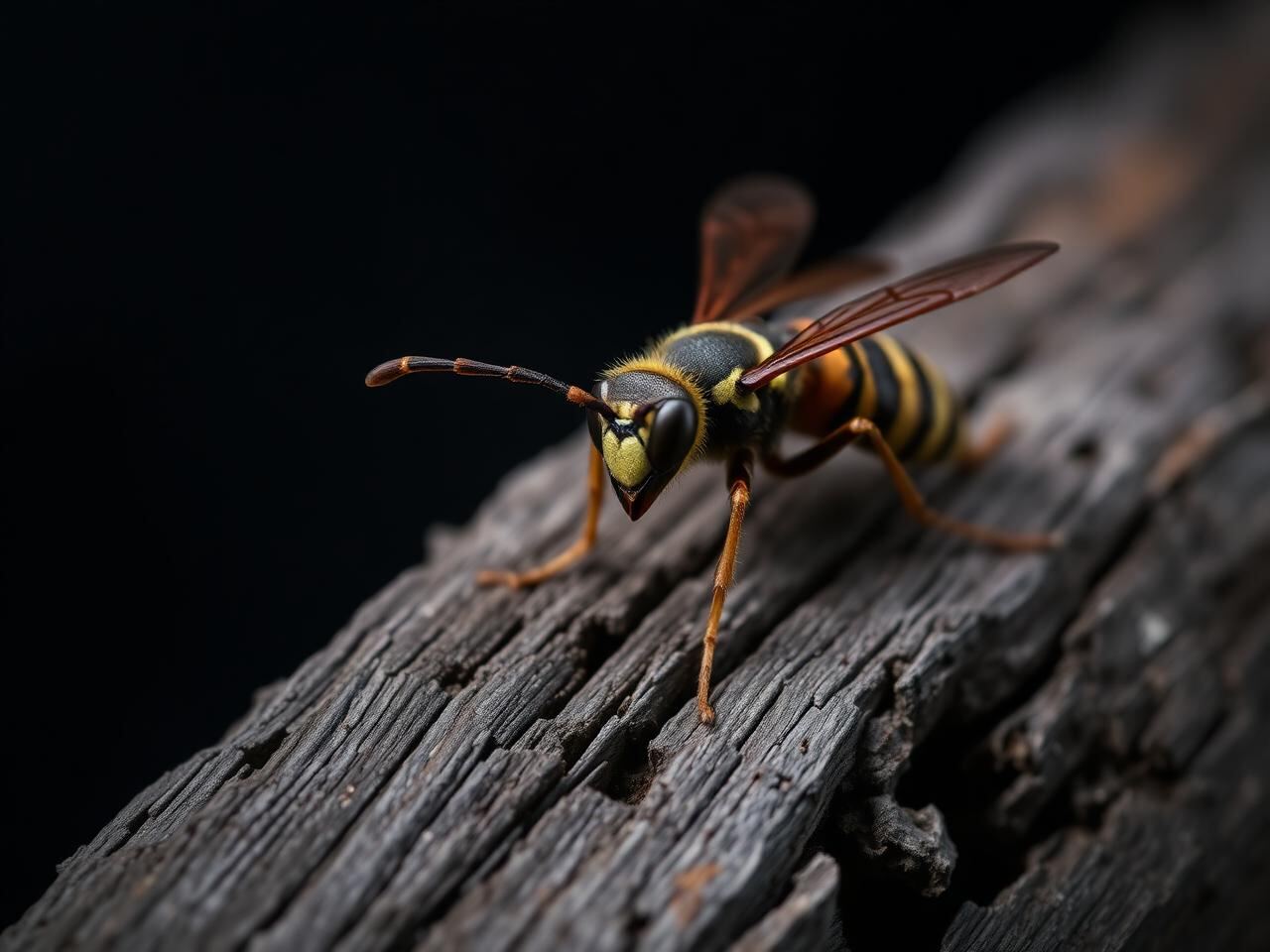 Close-up of a European hornet on weathered wood