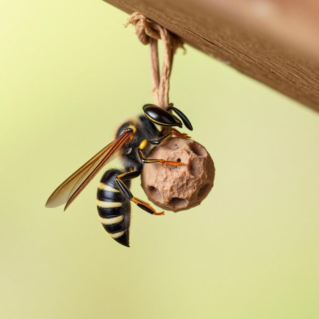 A queen wasp building a small early-season primary nest hanging from a wooden rafter