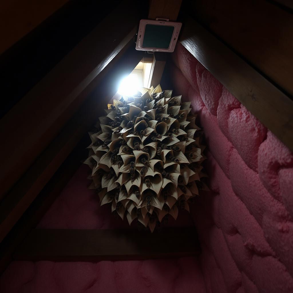 A large papery wasp nest built against wooden rafters above pink loft insulation