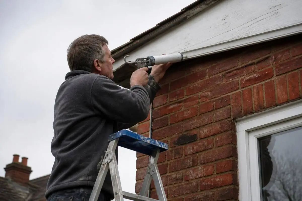Gloved hand sealing a gap in a house's wooden eaves with caulk