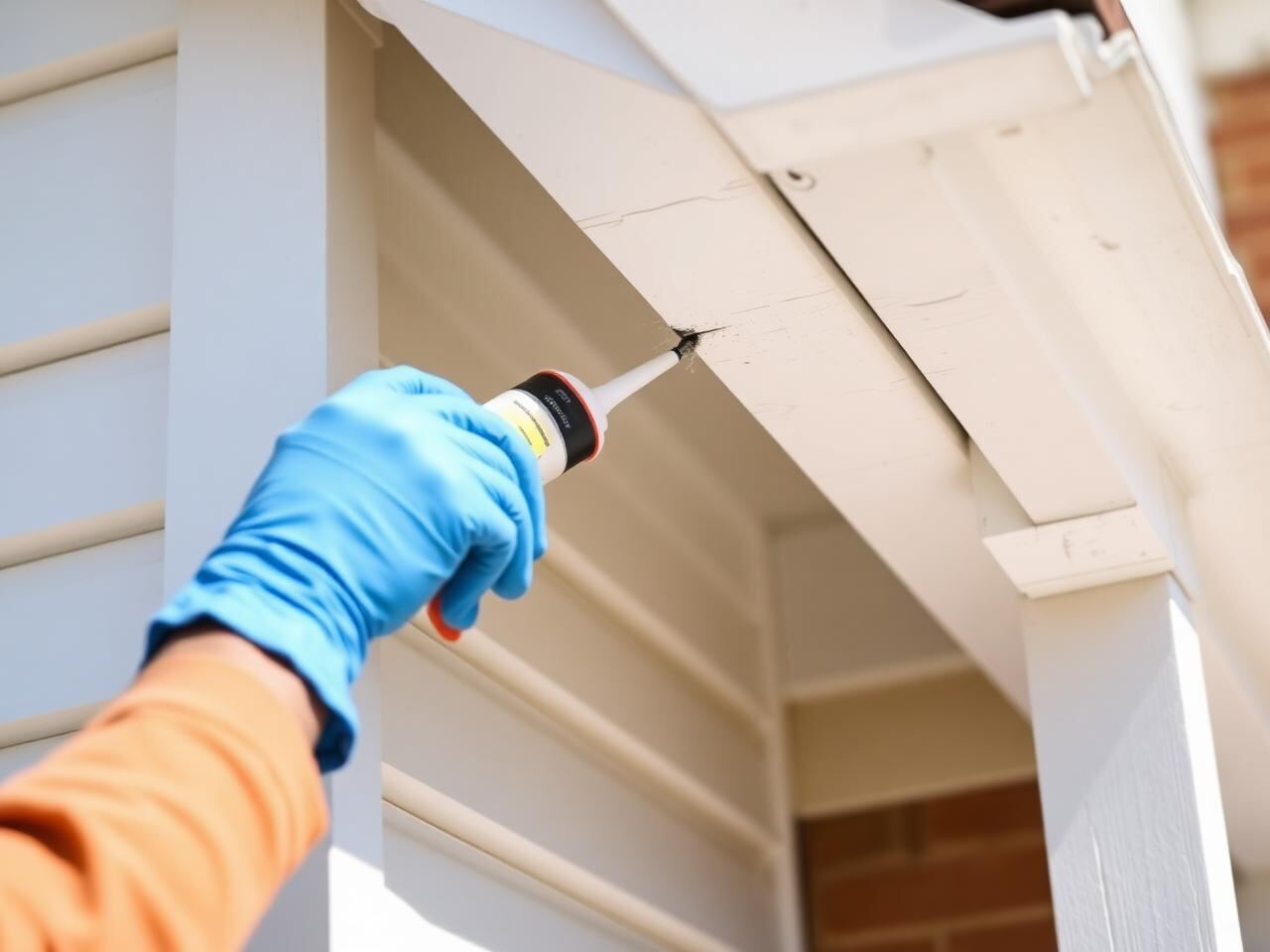 Gloved hand sealing a gap in a house's wooden eaves with caulk