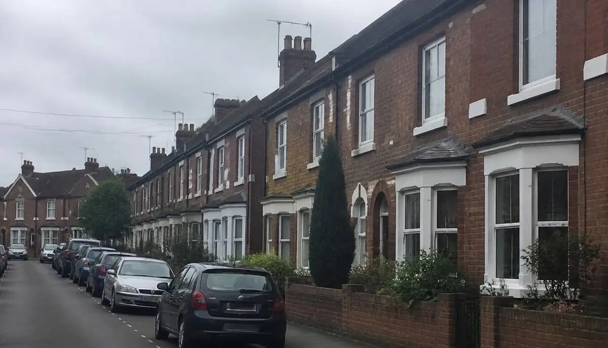 St Albans high street with a wasp nest removal van parked outside a Victorian terrace