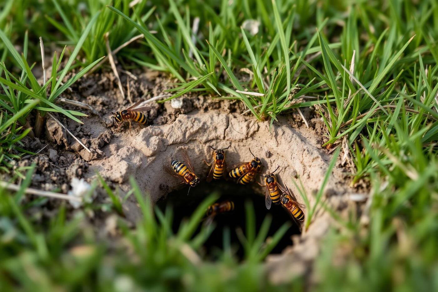Single small hole in a lawn with wasps entering and exiting