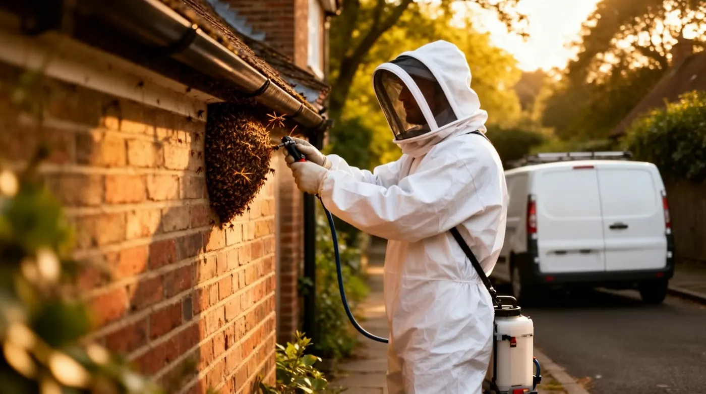 Licensed wasp exterminator treating a nest in Ware, Hertfordshire