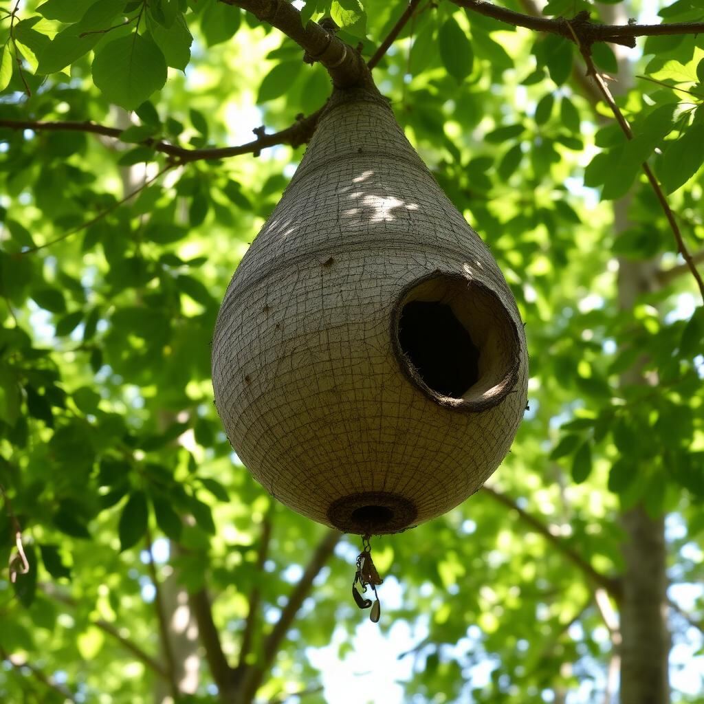 Large papery hornet nest hanging high in a tree canopy