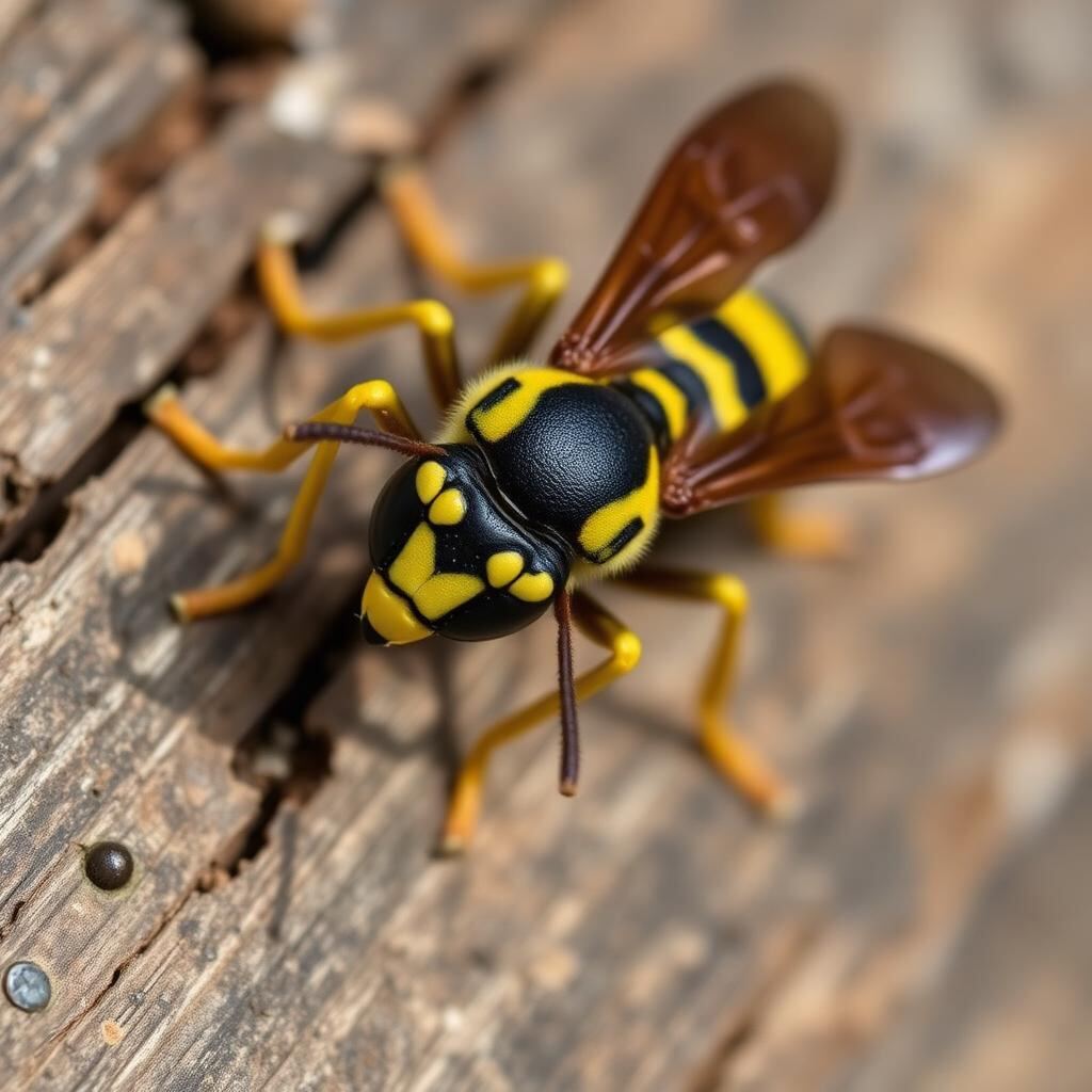 Close-up of a Common Wasp (Vespula vulgaris) showing yellow and black bands and anchor-shaped face marking