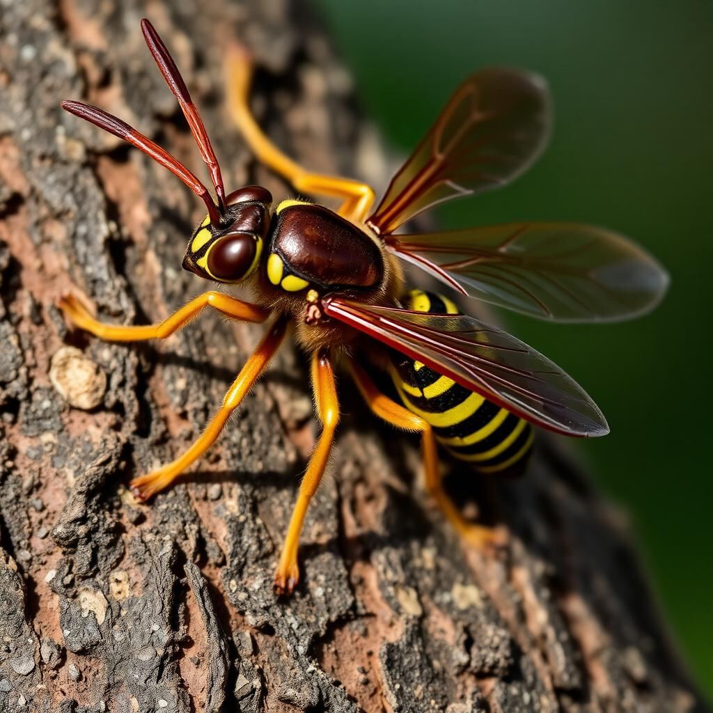 European Hornet (Vespa crabro) on tree bark showing brown thorax, yellow-brown abdomen and amber legs