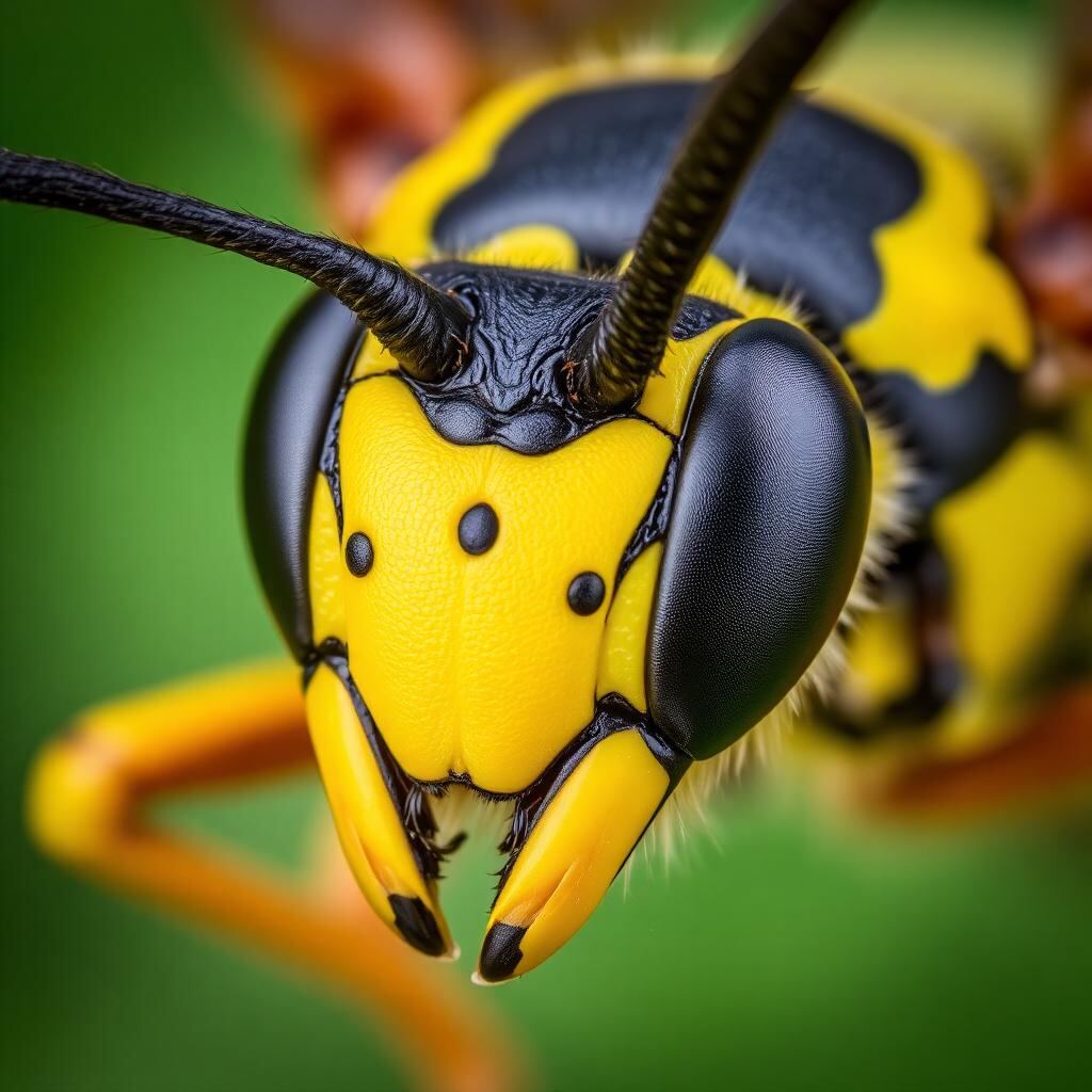 Close-up of a German Wasp (Vespula germanica) showing three black dots on the yellow face