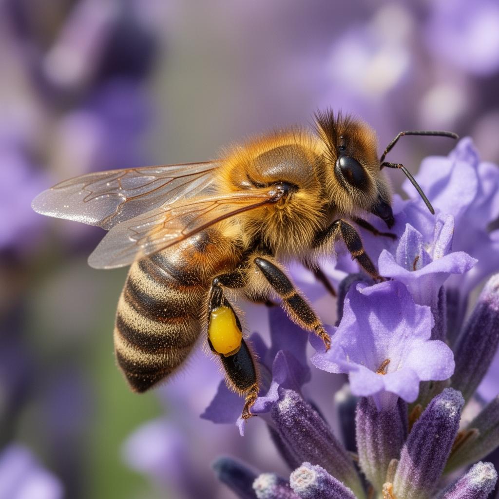 Honey Bee (Apis mellifera) on a purple flower collecting nectar