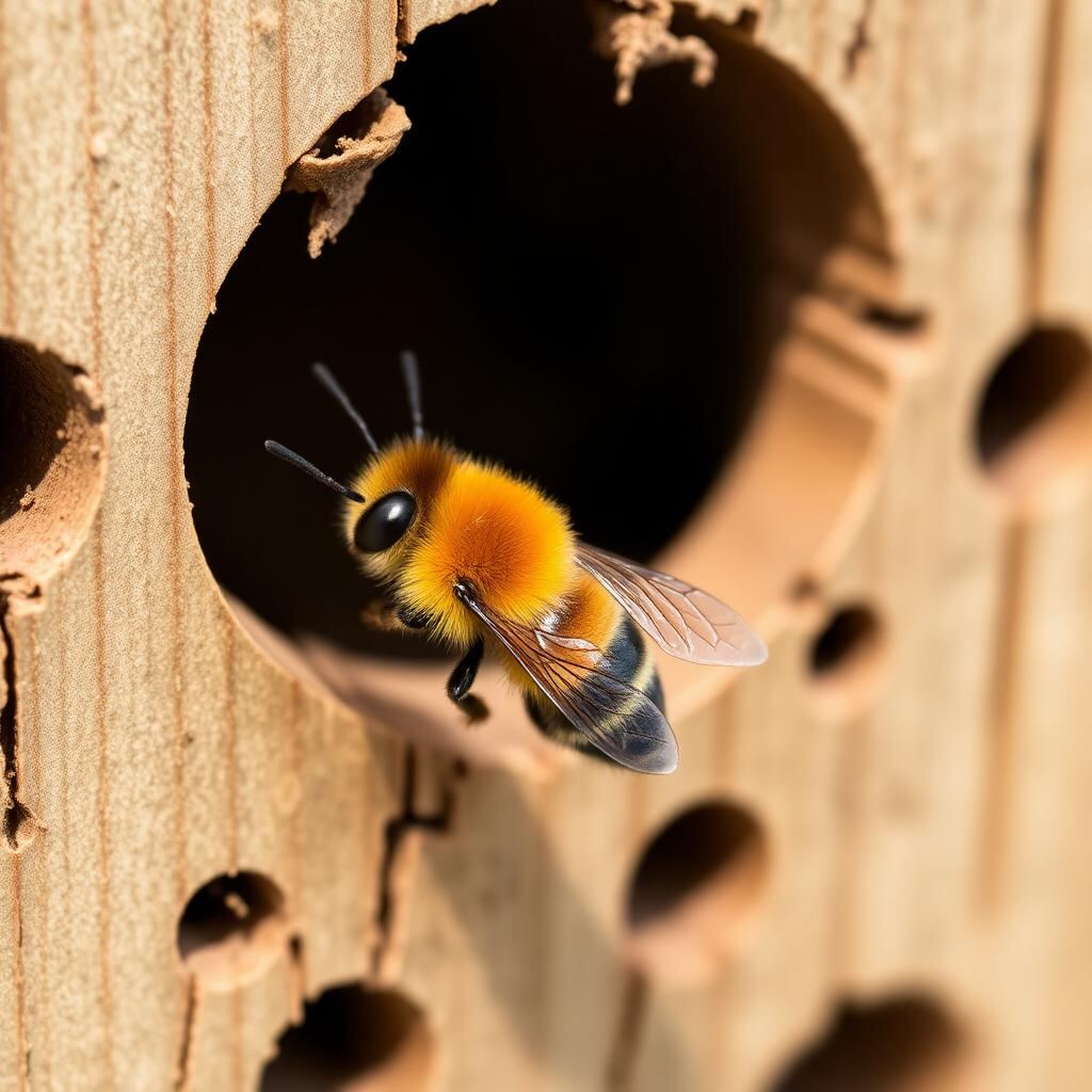 Red Mason solitary bee at the entrance of a wooden bee hotel